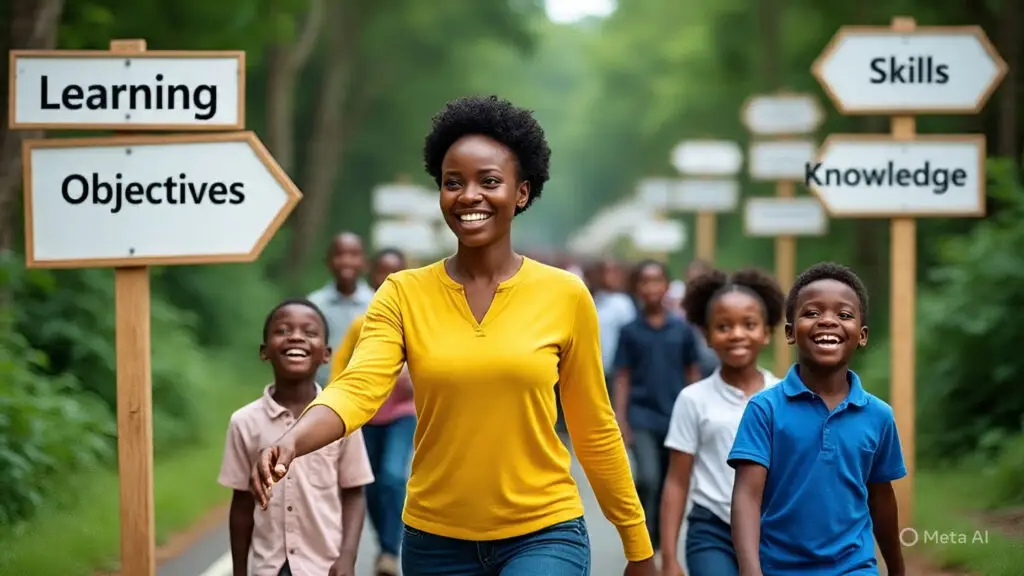 Illustration of a Nigerian teacher leading students on a road with signposts showing learning objectives, knowledge, and skills.