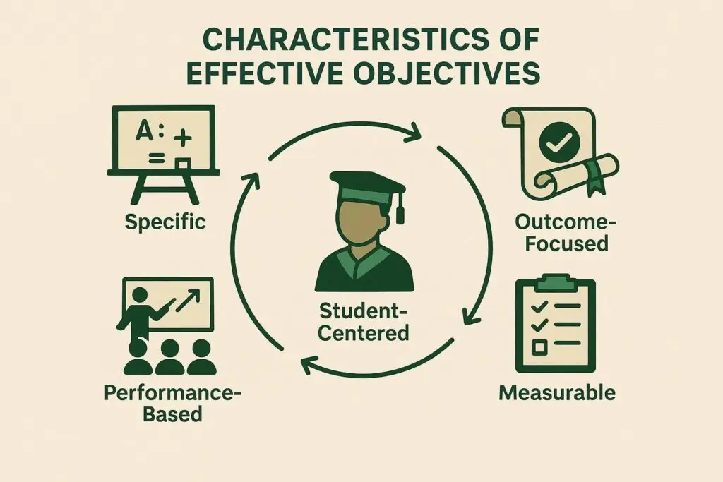 Diagram highlighting specificity, measurability, student focus, and performance-based outcomes in objectives.