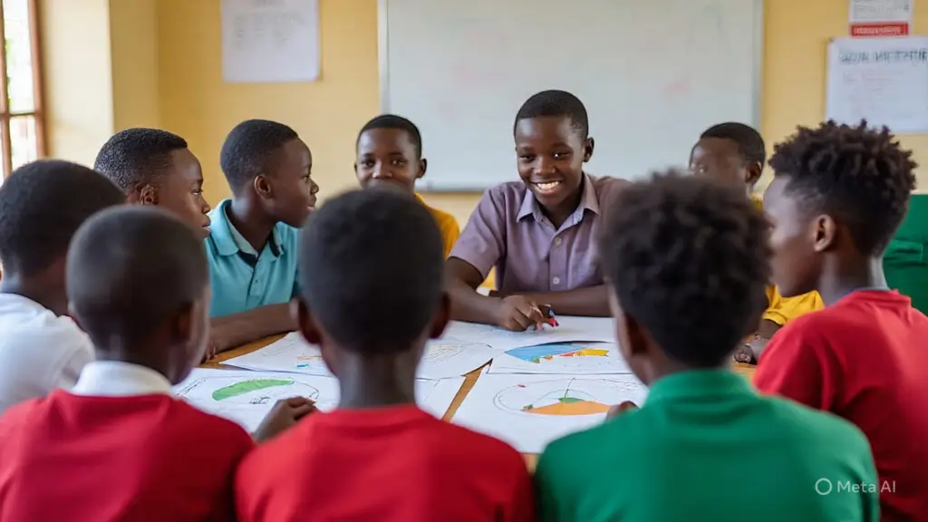 Nigerian students collaborating on a group project through role-play, presentations, and teamwork.