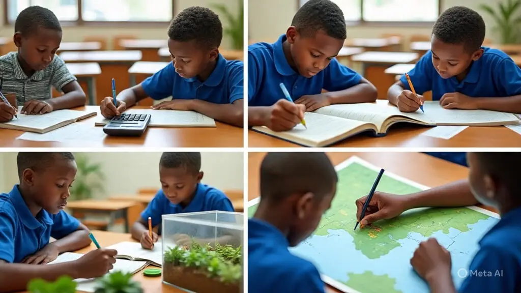 Nigerian students practicing instructional objectives in math, English, science, and social studies.