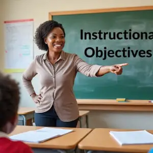 Nigerian teacher explaining instructional objectives on chalkboard to attentive primary school students.