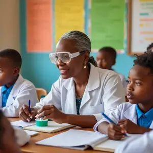 Nigerian teacher guiding pupils through cognitive, affective, psychomotor, and social learning activities.