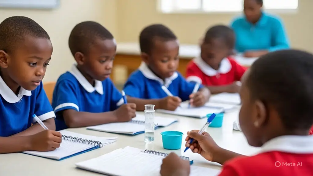 Nigerian pupils testing water samples, analyzing results, and discussing solutions in groups as learning domains are applied.