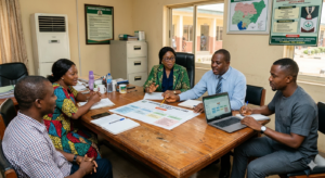 10 Practical School Management Tips for Nigerian School Heads & Owners 3 Nigerian school staff discussing roles and administrative structure during a planning meeting.