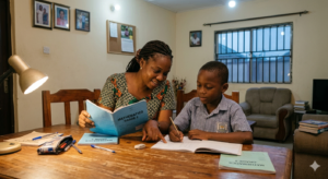How Parental Involvement Boosts Student Performance in Nigeria 5 Nigerian mother helping her child study and complete homework at home.