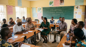 How Parental Involvement Boosts Student Performance in Nigeria 4 Parents and teachers collaborating during a PTA meeting in a Nigerian school.