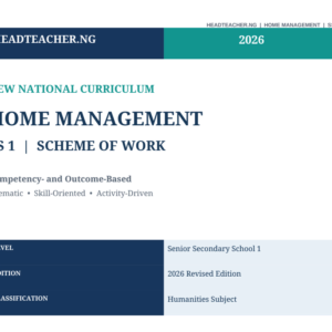 SS1 Home Management Scheme of Work 2026 – New National Curriculum